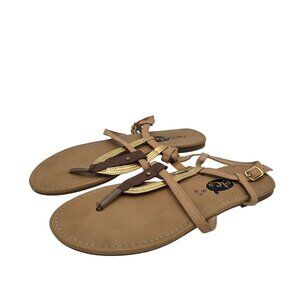 Rue21 Etc Tan Flat Sandals Size 6/7 With Gold & Brown Straps Adjustable Buckle C